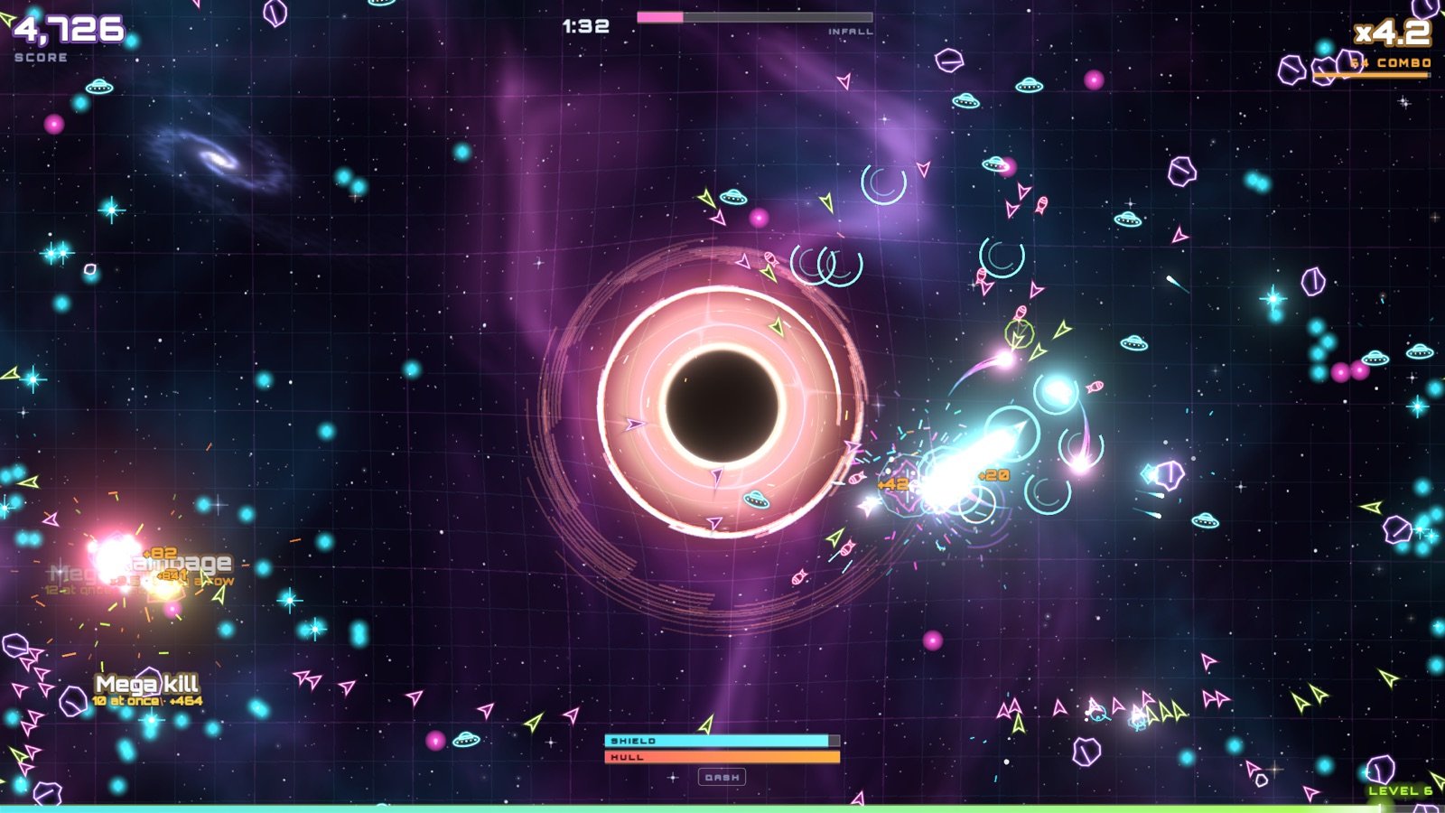 The ship in a swarm beside the black hole, in a purple nebula